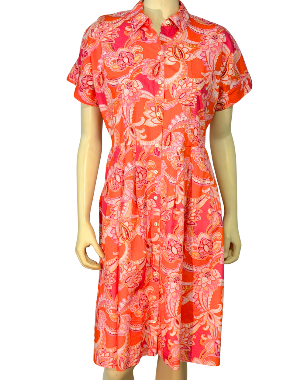 Talbots Sz 8P Petite Pleated Midi Shirt Dress Vibrant Orange Pink Paisley Cotton